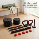 Kit Treino Funcional 15kg – Halteres, Barra Supino e Kettlebell Ajustável