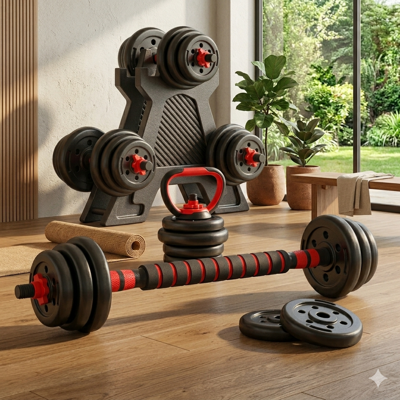 Kit Treino Funcional 15kg – Halteres, Barra Supino e Kettlebell Ajustável