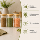 Kit Potes Herméticos de Vidro com Tampa de Bambu 300ml | Organização Moderna para Mantimentos